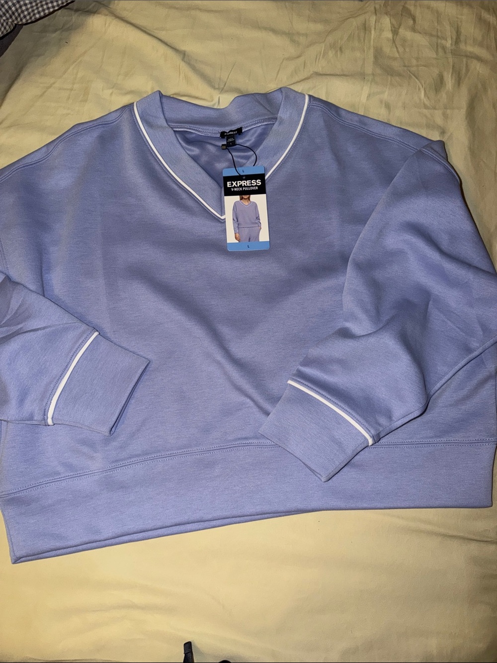 Express Lavender V‑Neck Cropped Pullover with White Piping